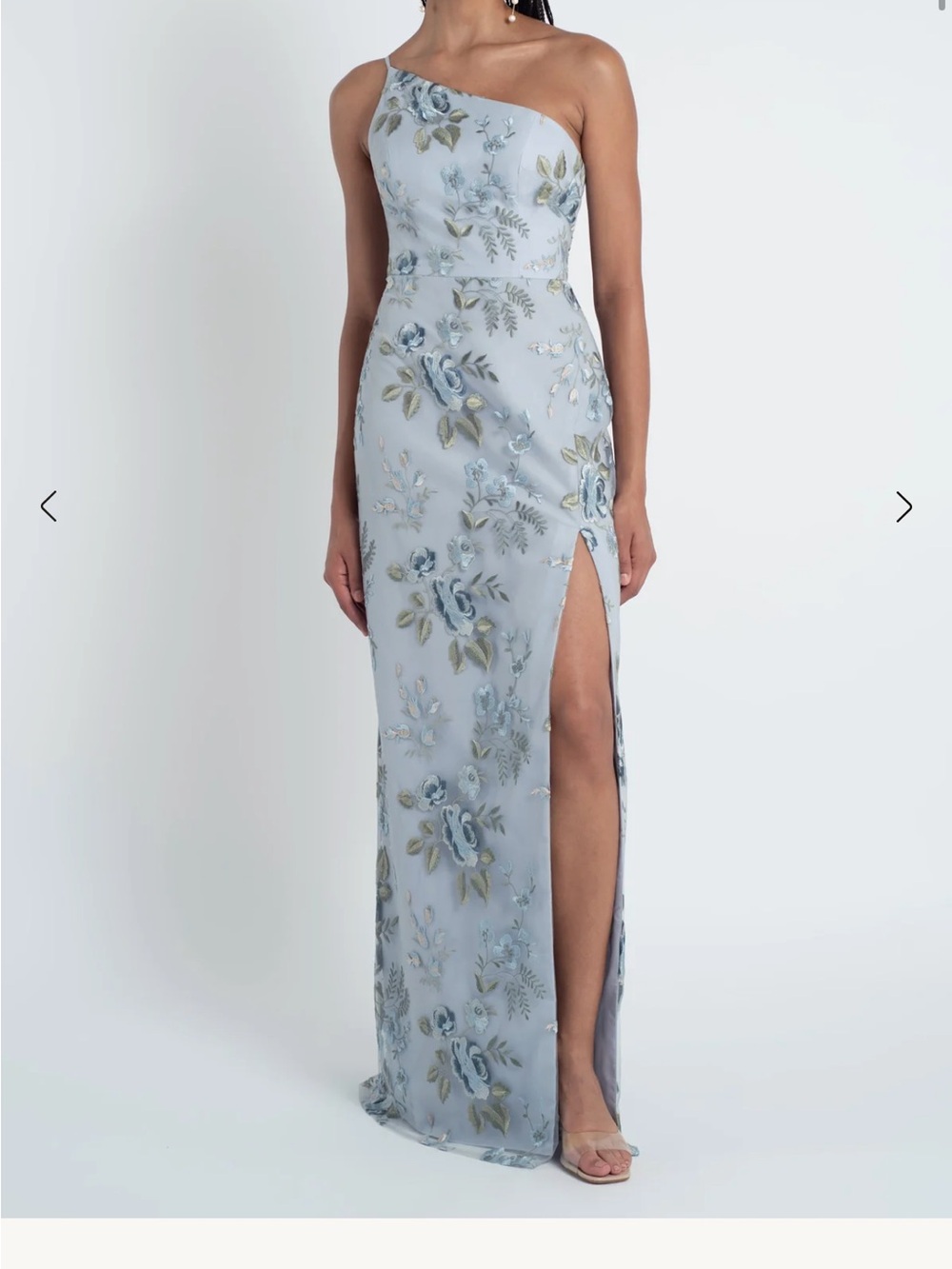 Jenny Yoo One-Shoulder Powder Blue Floral Embroidered Gown